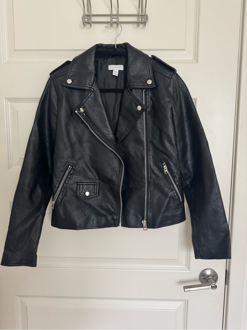 Topshop Black Faux Leather Biker Jacket with Silver Hardware